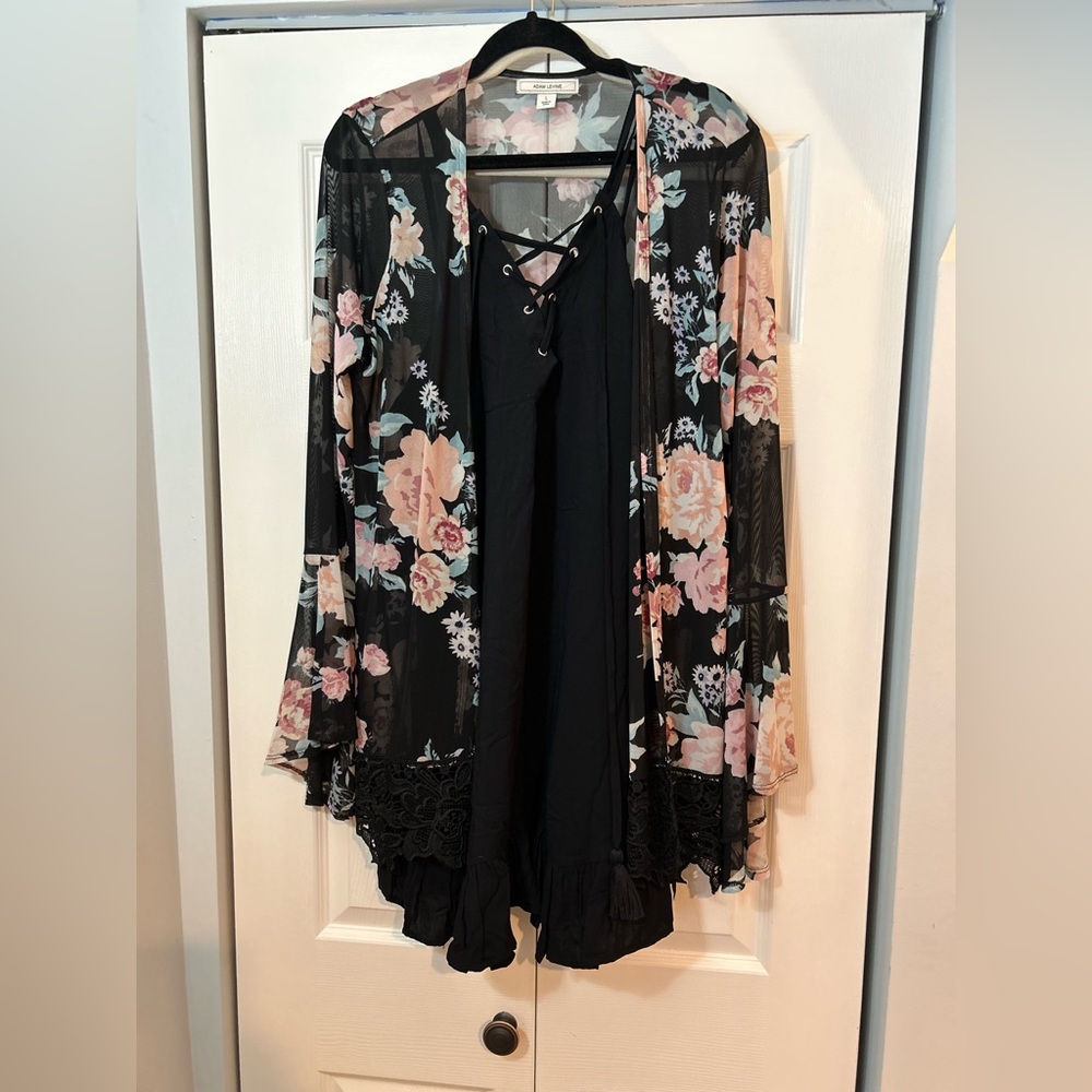 🌸 Adam Levine Black Floral Sheer Kimono & Lace Hem Dress Set – Size L
